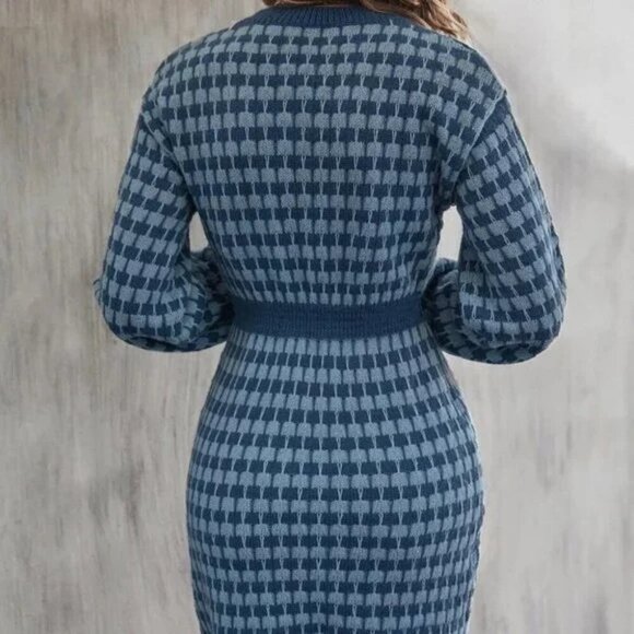 MODA ME COUTURE Sweater Dress Polyester Houndstooth Quiet Luxury L Blue - Picture 5 of 10